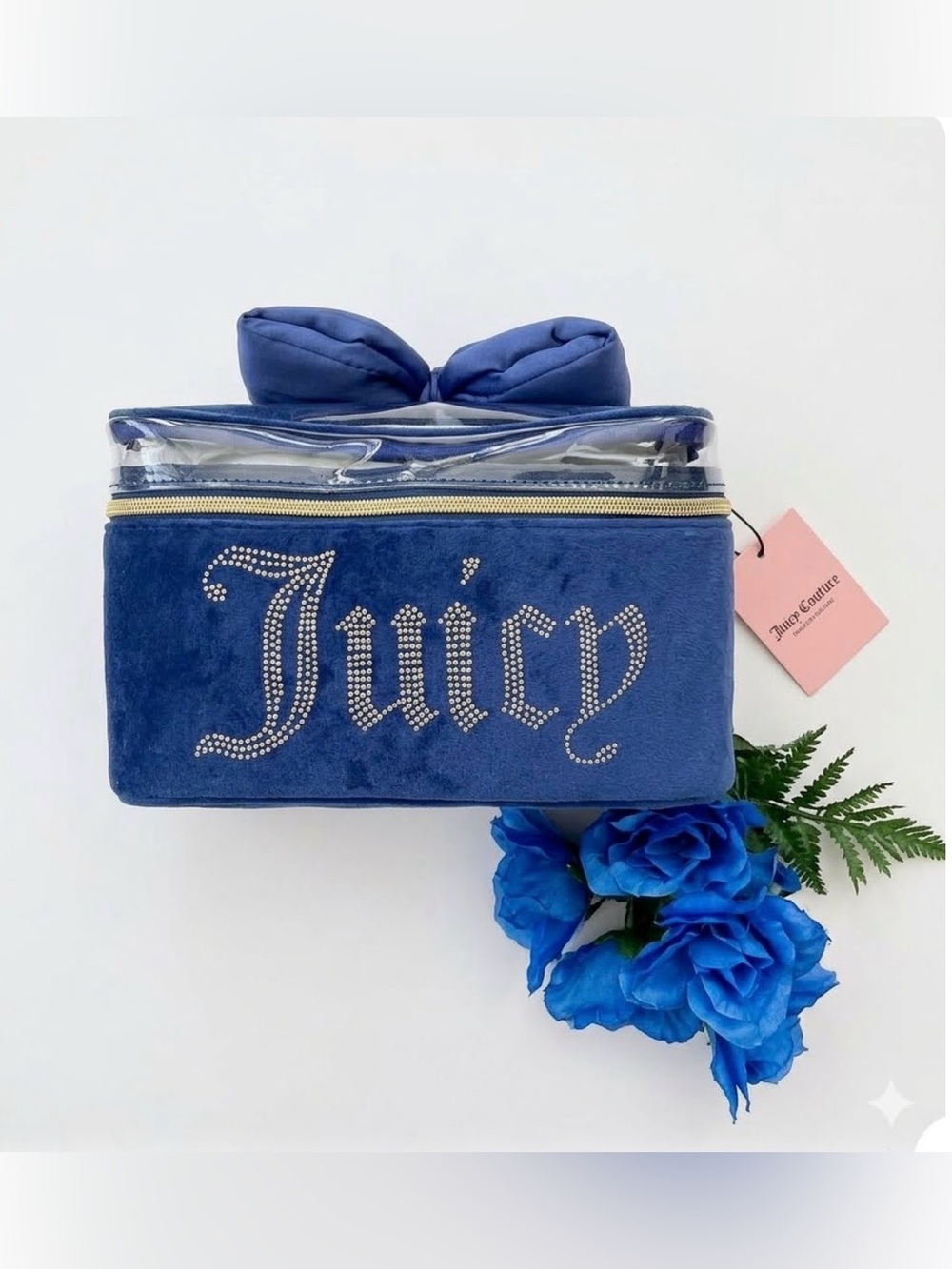 Juicy Couture Blue Velvet Rhinestone Bow Top Cosmetic Case